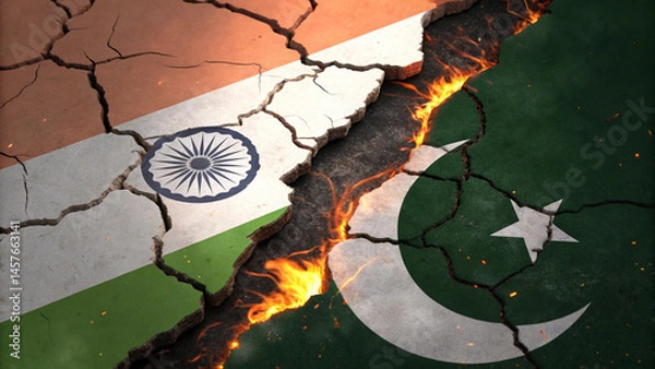 Fototapeta Map of India and Pakistan divided in half with cracks and fire emerging from division, conflict and war, AI