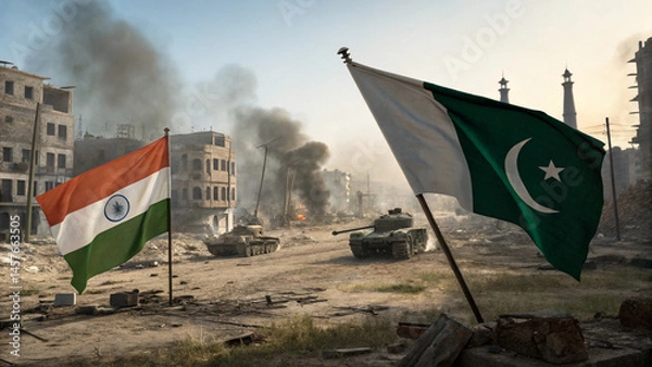Fototapeta Flag of India and Pakistan, in the background war scenario, conflict, enemies, war, borders, AI
