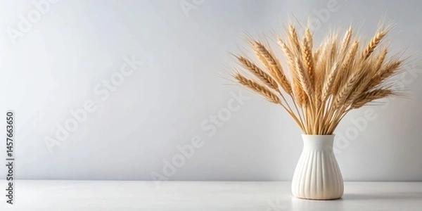 Fototapeta Fresh wheat ears placed in a sleek, white modern vase with clean lines and minimalist decor, against a soft focus background , grainphotography, floralarrangement
