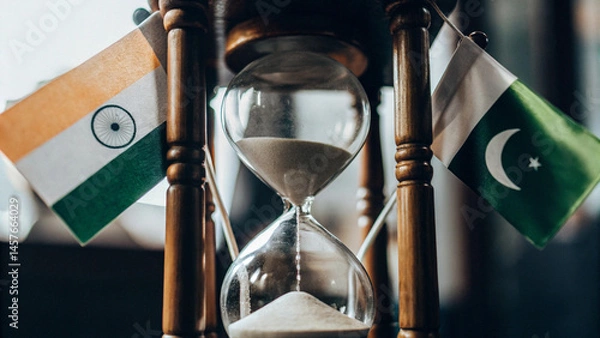 Fototapeta An hourglass where sand flows with Indian and Pakistani flags at opposite ends, symbolizing decades of tension, conflicts and war, AI