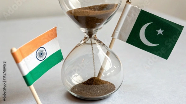 Fototapeta An hourglass where sand flows with Indian and Pakistani flags at opposite ends, symbolizing decades of tension, AI