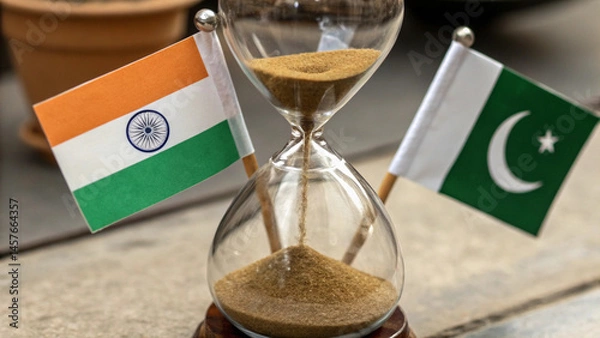Fototapeta An hourglass where sand flows with Indian and Pakistani flags at opposite ends, symbolizing decades of tension, AI