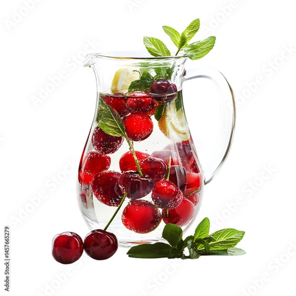Fototapeta Pitcher of Cherries and Lemon Verbena Sparkling Water Isolated on Transparent Background