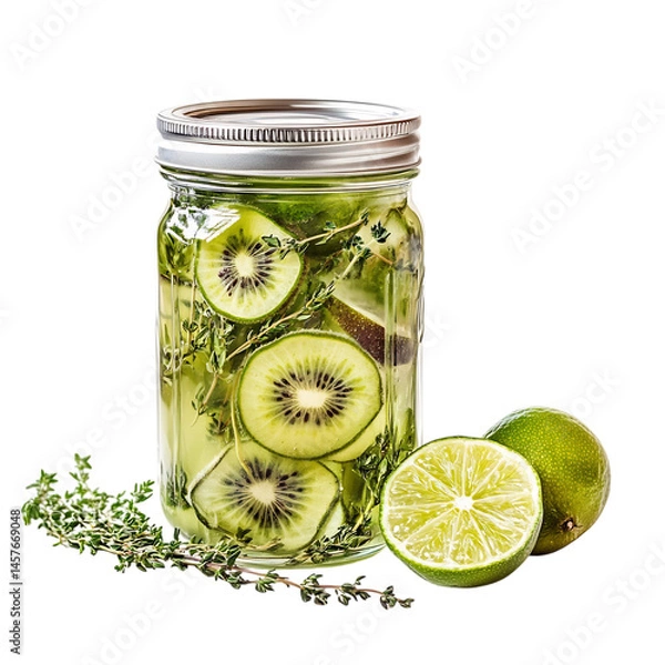 Fototapeta Kiwi Thyme and Lime Pickled Cucumber in Mason Jar Isolated on Transparent Background
