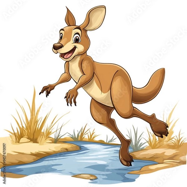 Fototapeta A Cartoon Kangaroo Jumping Over a Pond Isolated on Transparent Background