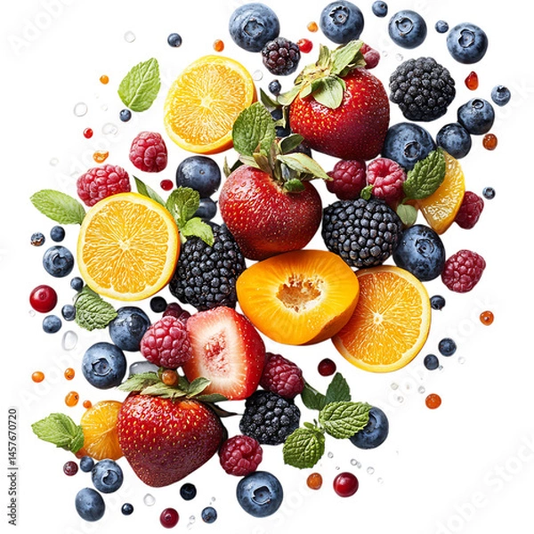 Fototapeta Luminous Vibrant Fusion III Creative Composition of Fruit and Berries with Leaves Isolated on Transparent Background