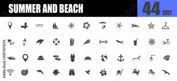 Obraz Summer and beach solid grey icons. Travel and tourism icons.