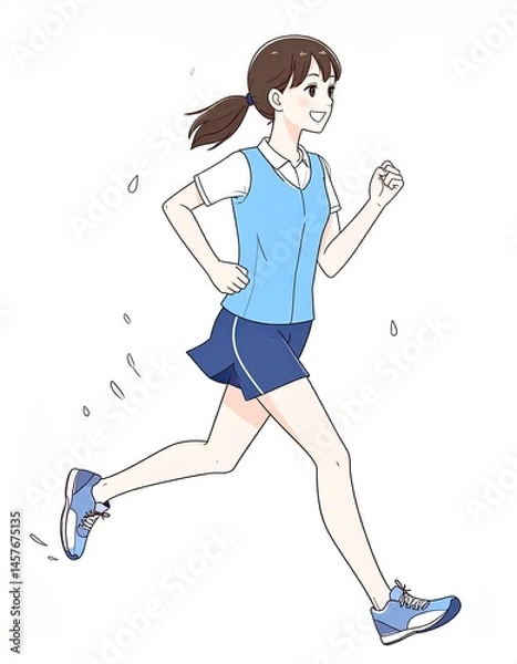 Fototapeta Pixelated illustration of a person in athletic wear running with a white background. She wears a blue top and shorts with matching sneakers and her hair is in a ponytail.