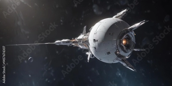 Obraz Sleek spacecraft orbiting luminous white planet  ,  orbital mechanics,  stars