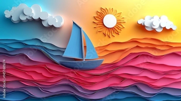 Obraz Paper Cutout Boat Sailing On Wavy Sea High Resolution Photo