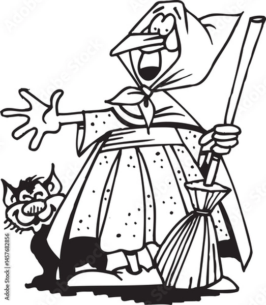 Fototapeta caricature sketch illustration of a witch wearing a hat and using a broomstick