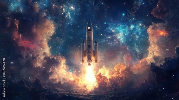 Obraz Rocket blasts through celestial clouds, symbolizing ambition and space exploration