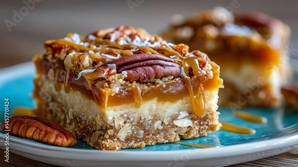 Fototapeta close up of a no-bake maple pecan bar with a gooey maple caramel layer and a rustic pecan oat crust.