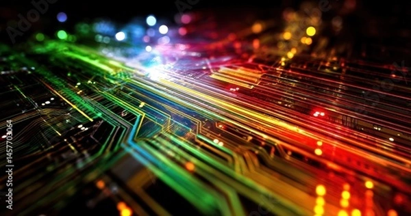 Fototapeta Colorful circuit board with glowing pathways