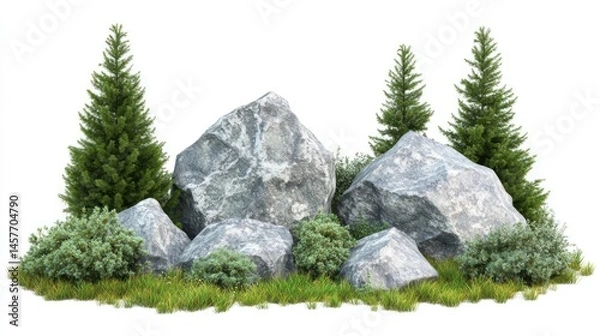 Fototapeta Rocks fir trees and shrubs on grass