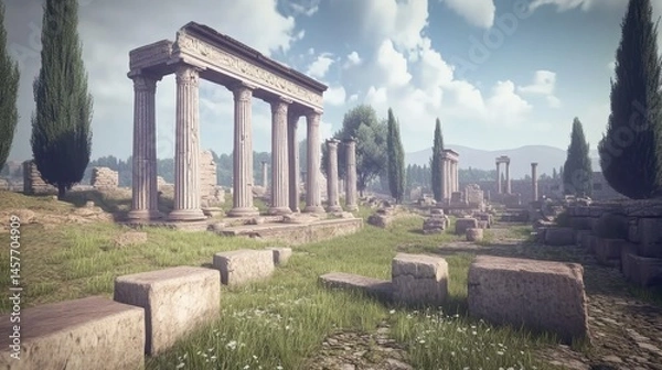 Fototapeta Ancient stone ruins landscape columns grass and sunlight