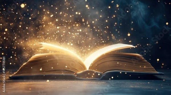 Fototapeta Open book with golden light and magic