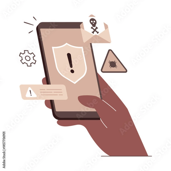 Fototapeta Mobile Security Alert concept vector illustration. Hand holding a smartphone with security warning icons, including a shield with an exclamation mark