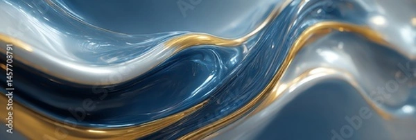 Fototapeta A stunning abstract composition of liquid metal in deep blues, silver, and gold, featuring smooth curves and glossy highlights. Elegant, vibrant, and high-resolution modern art for your creative proje