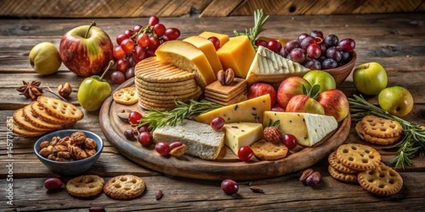 Fototapeta Gourmet Cheese & Cracker Board with Fruits & Nuts - Rustic Wooden Platter