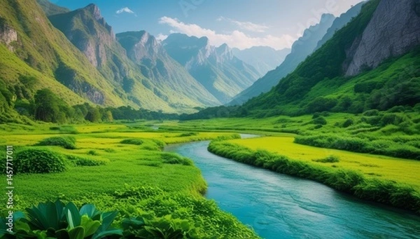 Fototapeta Lush valley landscape featuring a serene river with grass fields and towering peaks