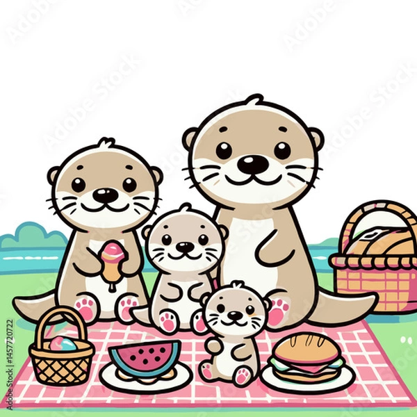 Fototapeta Charming Otter Family Enjoying a Picnic on Plaid Blanket with Food in Cartoon Style
