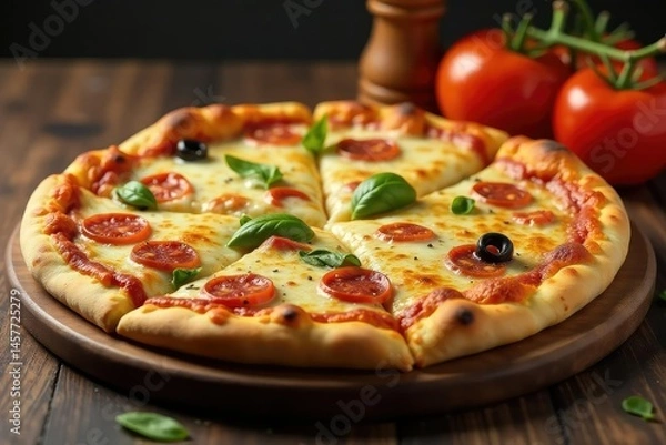 Obraz Artisanal pizza, perfectly baked, cheese pull, simple backdrop , classic, dough, recipe