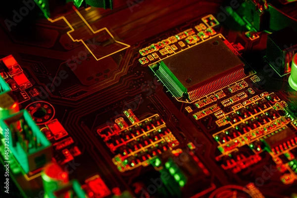 Fototapeta Futuristic Motherboard with Glowing Circuits