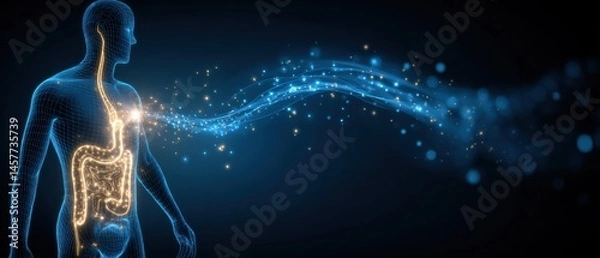 Fototapeta A digital representation of the human digestive system with glowing elements, illustrating the process of digestion and energy flow.