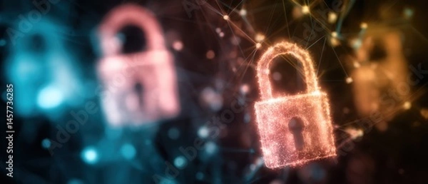 Obraz Digital representation of padlocks symbolizing security and encryption in a networked environment with vibrant colors.