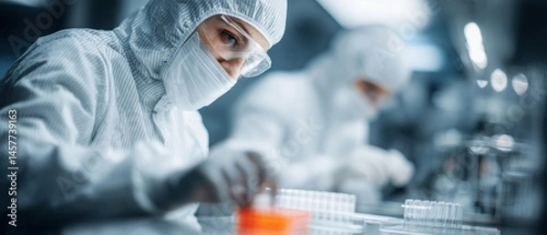 Fototapeta Scientists in protective gear work with lab equipment, focusing on experiments in a sterile laboratory environment.