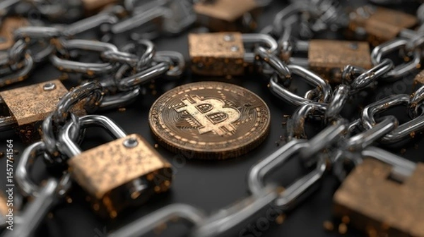 Fototapeta Bitcoin coin surrounded by chains and padlocks, symbolizing security and cryptocurrency investment.