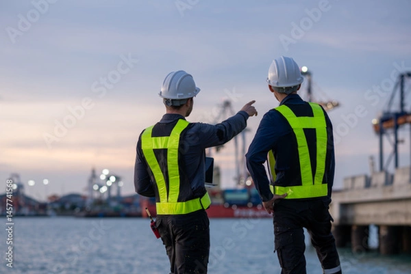 Fototapeta Industrial engineer workers operations marine port cranes loading and unloading of cargo ships global trade and supply chain import export environment monitoring responsible global economy.