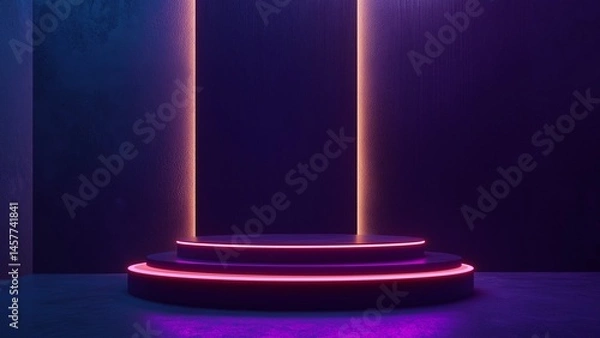 Fototapeta Empty podium in a dark room with pink neon lights