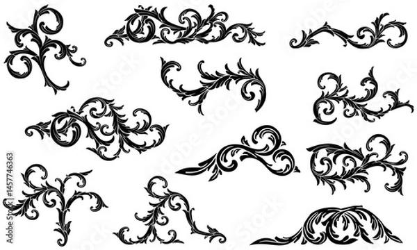 Obraz Set silhouette baroque engraving ornamental, curl, swirl pattern border ornament. Black art deco oriental vector illustration