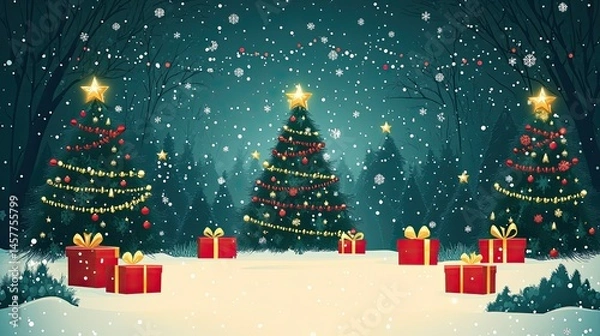Fototapeta Enchanted Christmas Night Scene With Decorated Trees And Gift Boxes In Snow.