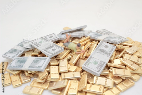 Fototapeta Miniature Figure Lying on Gold Bars and Cash Stacks