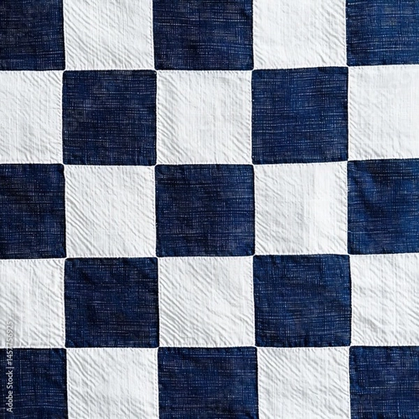 Fototapeta A close-up of a classic checkerboard quilt in deep navy blue and crisp white, adding a cozy and timeless charm.