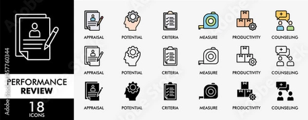 Fototapeta PERFORMANCE REVIEW icon set with various styles and colors  appraisal, potential, criteria, measure, productivity, and counseling icons