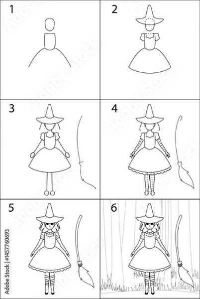 Fototapeta Simple instructions on how to draw a witch. A set of pictures with outlines of a girl in a magic hat. Witch with a broom, cute concept art. Cartoon style, witch house, anime, manga, comics page.
