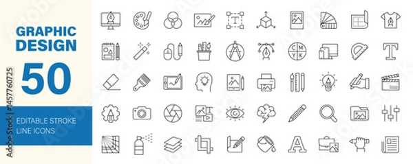 Fototapeta Graphic design icon set. Containing digital art, creativity, drawing, portfolio, idea, web design, designer, stationary, software, tools, drawing and more. Editable line icons. Vector illustration.