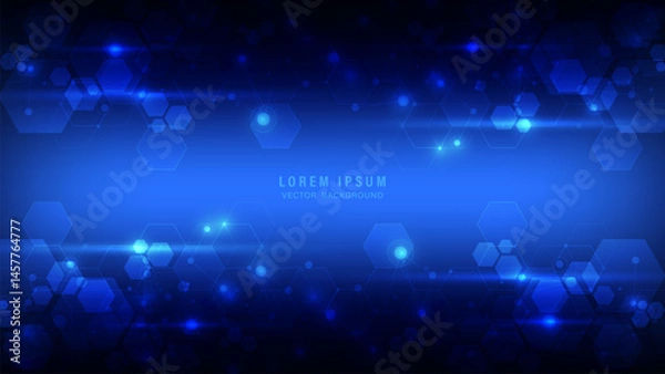 Obraz Futuristic blue abstract background with transparent and glowing hexagon shapes, lines overlay, and light particles