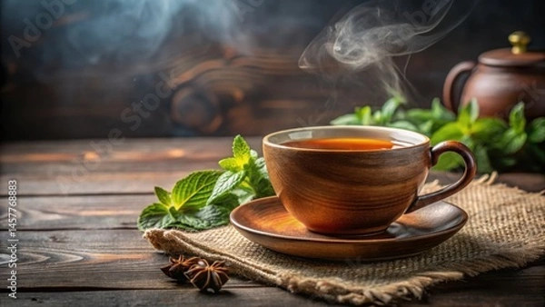 Fototapeta Warm Ceramic Cup of Tea with Steam and Fresh Mint on Rustic Table