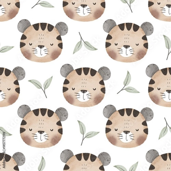 Obraz Seamless pattern with cartoon tiger, decor elements. colorful illustration for kids. hand drawing, flat style. baby design for fabric, print, textile, wrappe