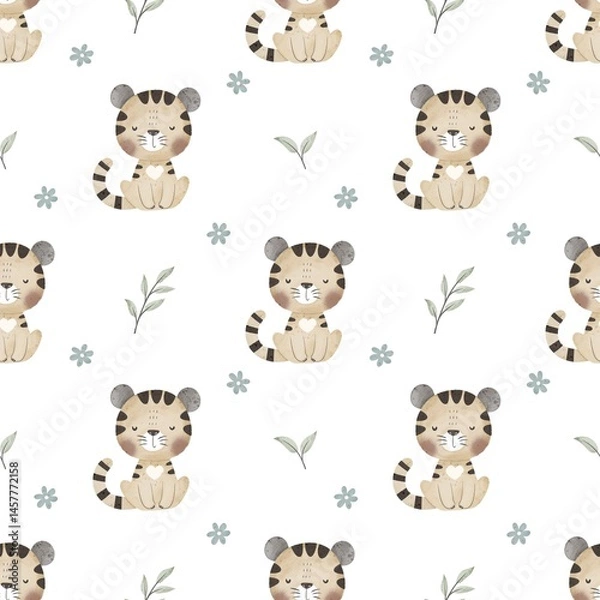 Obraz Seamless pattern with cartoon tiger, decor elements. colorful illustration for kids. hand drawing, flat style. baby design for fabric, print, textile, wrappe