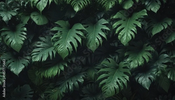 Obraz Lush, dark green exotic leaves, vibrant jungle pattern , tropical, pattern