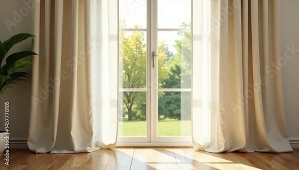 Fototapeta Cream linen curtains, natural light streaming through , photo, fabric