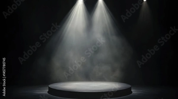 Obraz Round platform with spotlights in dark smoky room