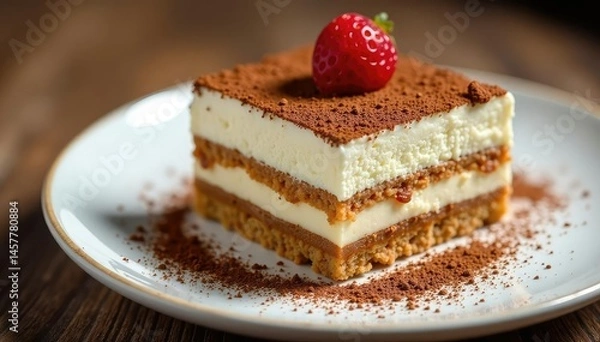 Fototapeta Individual tiramisu portion, dusted cocoa, elegant presentation , single serving, italian, pastry