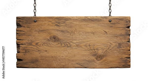 Fototapeta A weathered wooden sign hanging from metal chains against a black background in a studio setting
